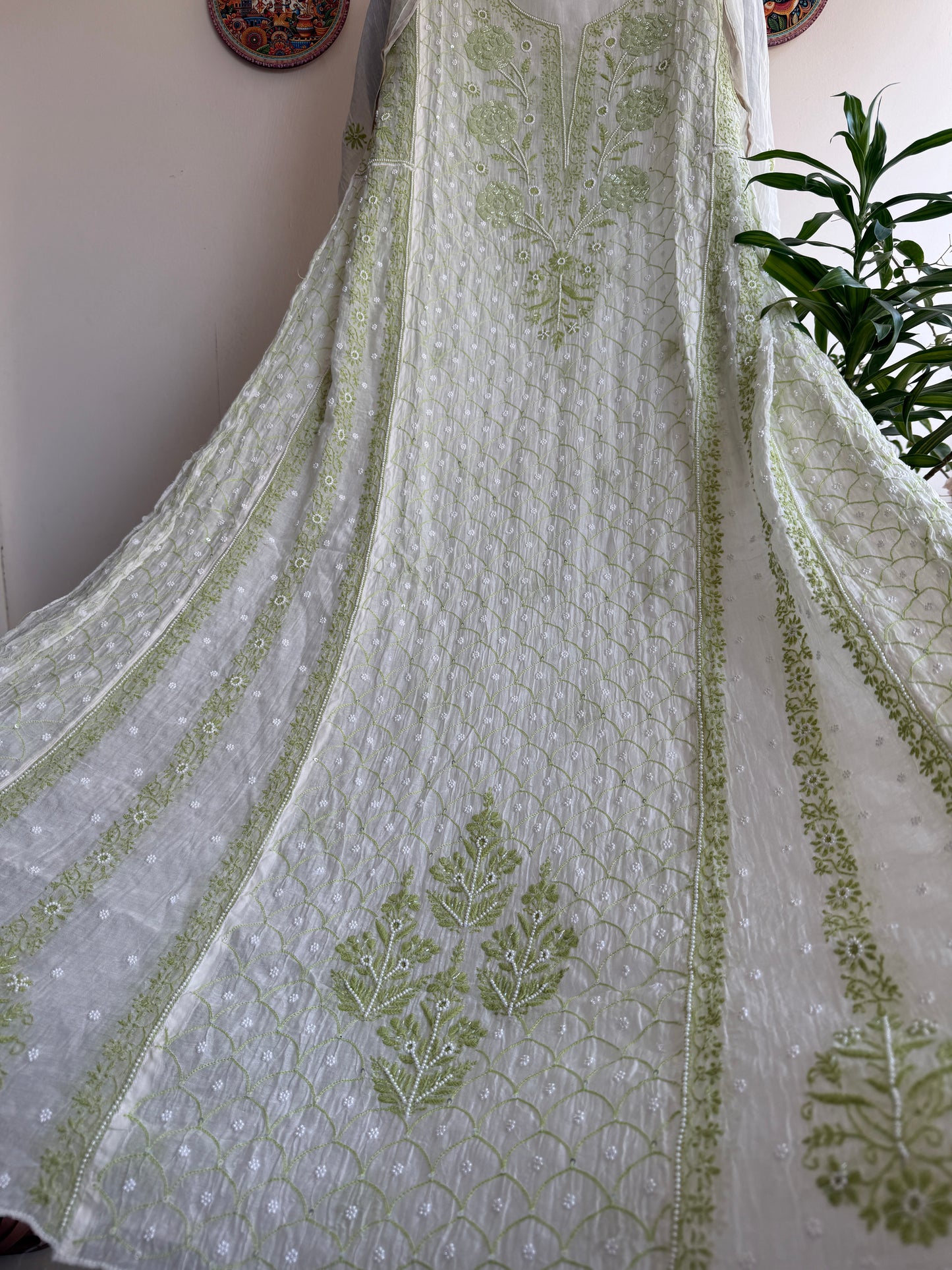 Pure Mul Chanderi Lucknowi Chikankari Anarkali Set with Dupatta | Bel & Jaal Hand Embroidery