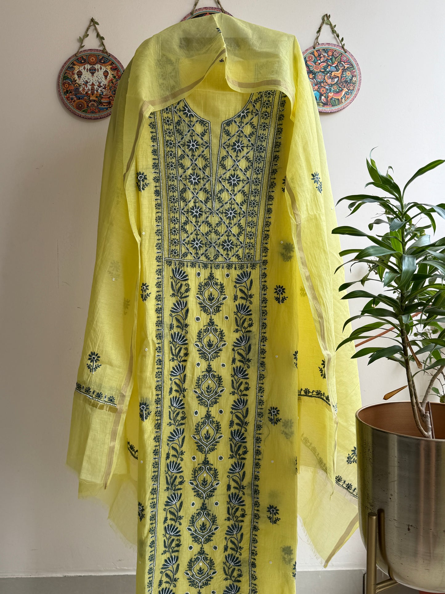 Lucknowi Chikankari Thread Work and full panel work in Mul Chanderi add on Pearl Work and Cut Dana (Colorfull Embroidery)