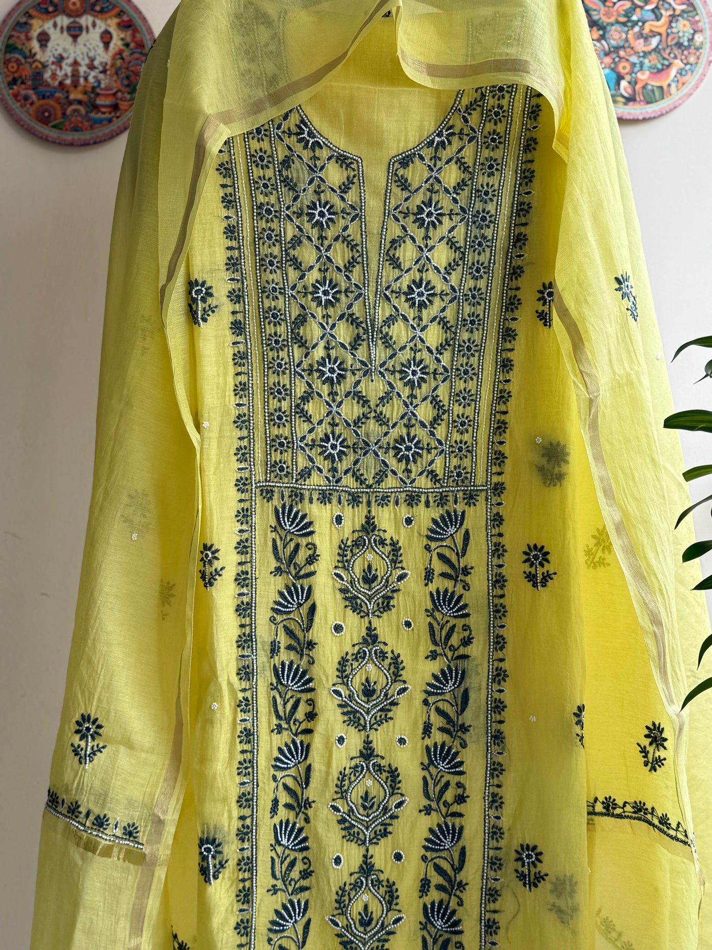 Lucknowi Chikankari Thread Work and full panel work in Mul Chanderi add on Pearl Work and Cut Dana (Colorfull Embroidery)