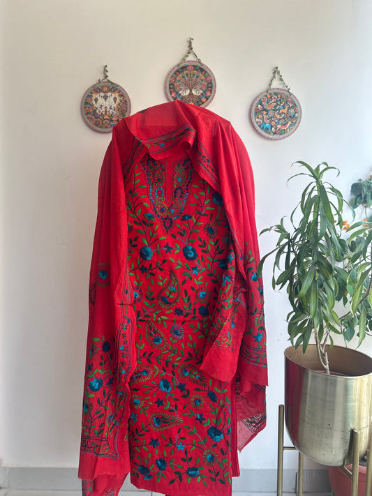 Bengal Handloom – Phulkari Pure Cotton Embroidered Suit Set, Coloured Base