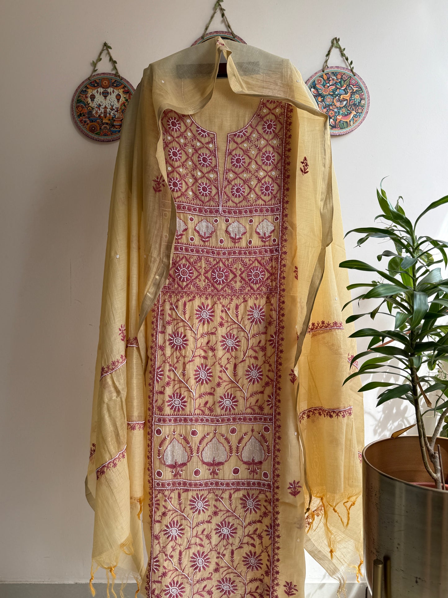 Lucknowi Chikankari Thread Work and full panel work in Mul Chanderi add on Pearl Work and Cut Dana (Colorfull Embroidery)