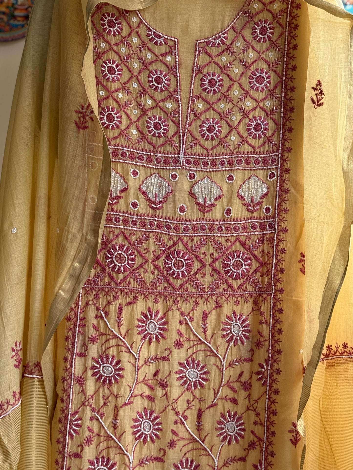 Lucknowi Chikankari Thread Work and full panel work in Mul Chanderi add on Pearl Work and Cut Dana (Colorfull Embroidery)