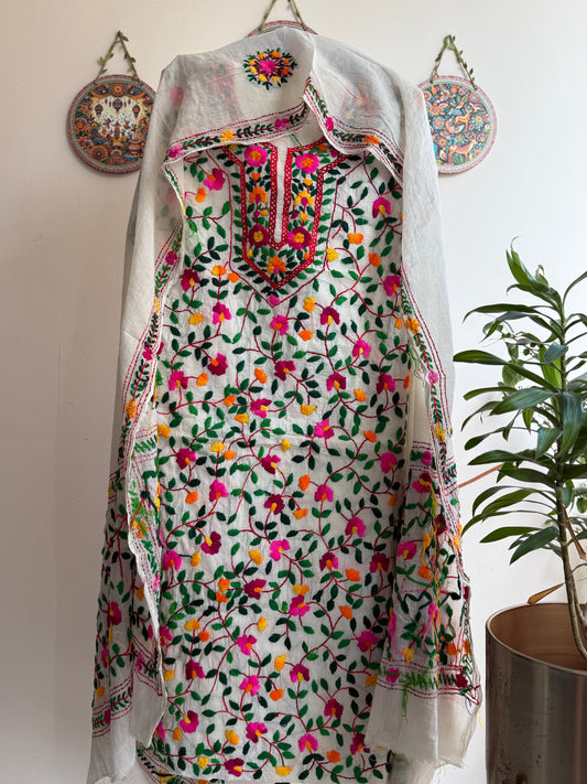 🌼 Bengal Handloom – Phulkari Pure Cotton Embroidered Suit Set-White Base