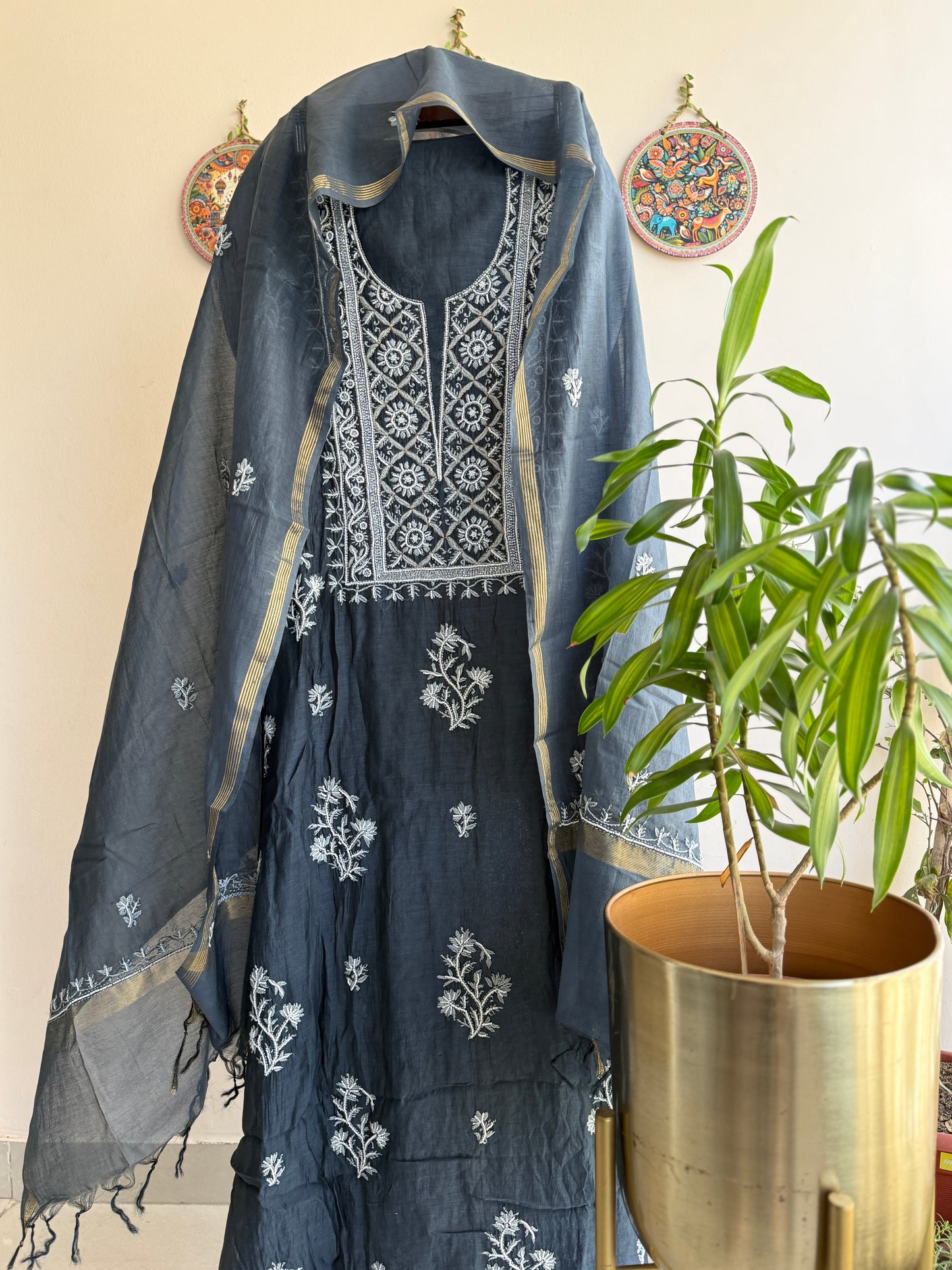 Lucknowi Chikankari Thread Work and Boota work in Mul Chanderi add on Pearl Work, Sequin and Cut Dana