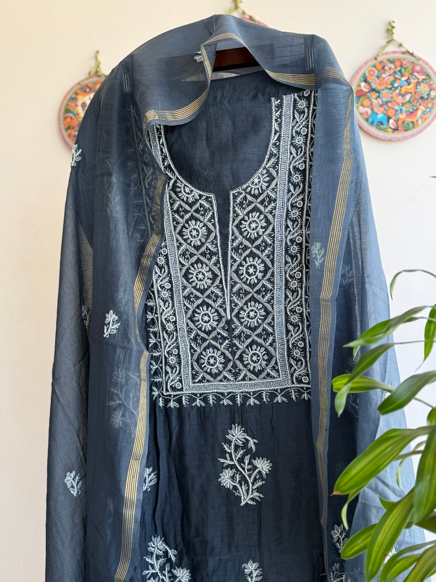 Lucknowi Chikankari Thread Work and Boota work in Mul Chanderi add on Pearl Work, Sequin and Cut Dana