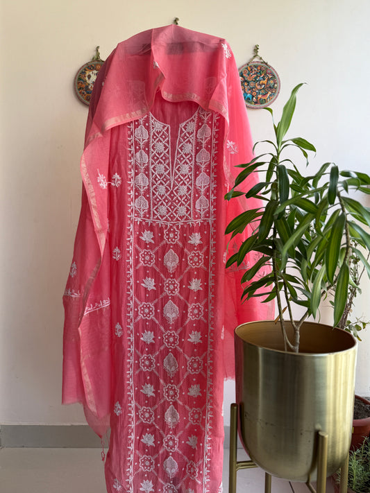 Buy Lucknowi Chikankari Suit Set with Thread Work and full panel work in Mul Chanderi add on Pearl Work and Cut Dana