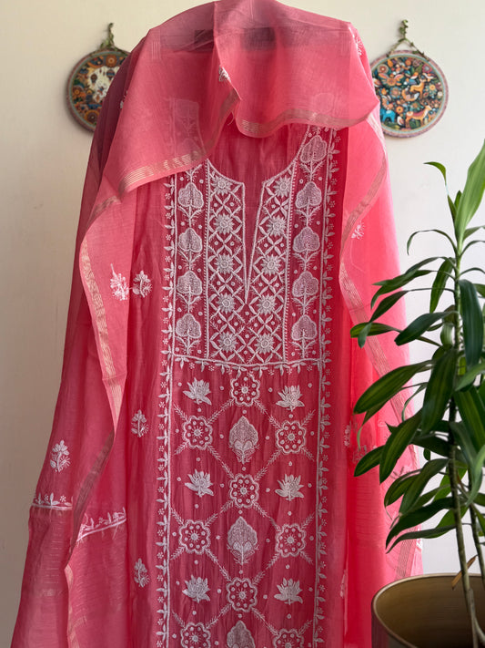 Buy Lucknowi Chikankari Suit Set with Thread Work and full panel work in Mul Chanderi add on Pearl Work and Cut Dana