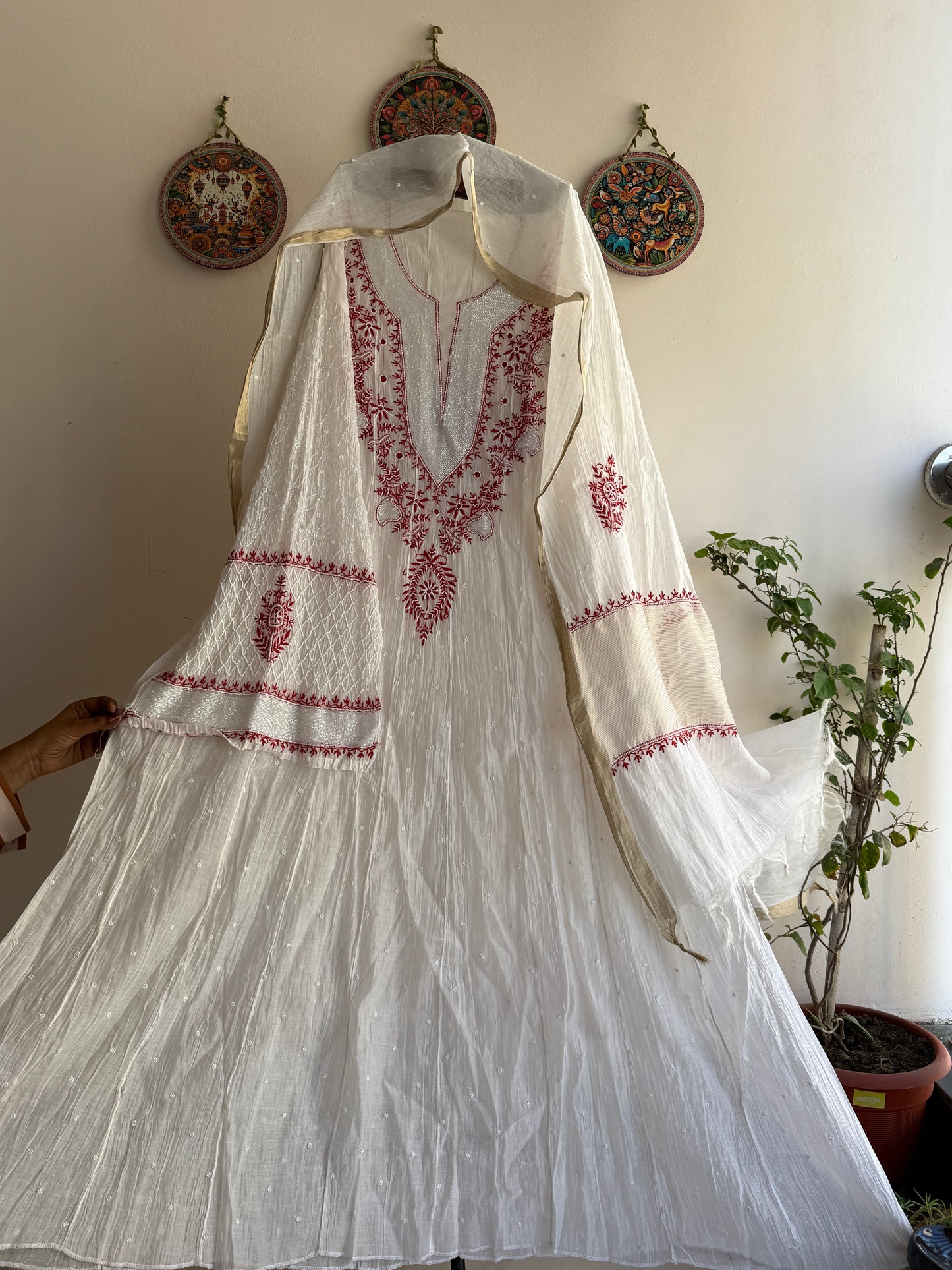 Pure Mul Chanderi Lucknowi Chikankari Anarkali Set with Dupatta | Vertical Bel Hand Embroidery