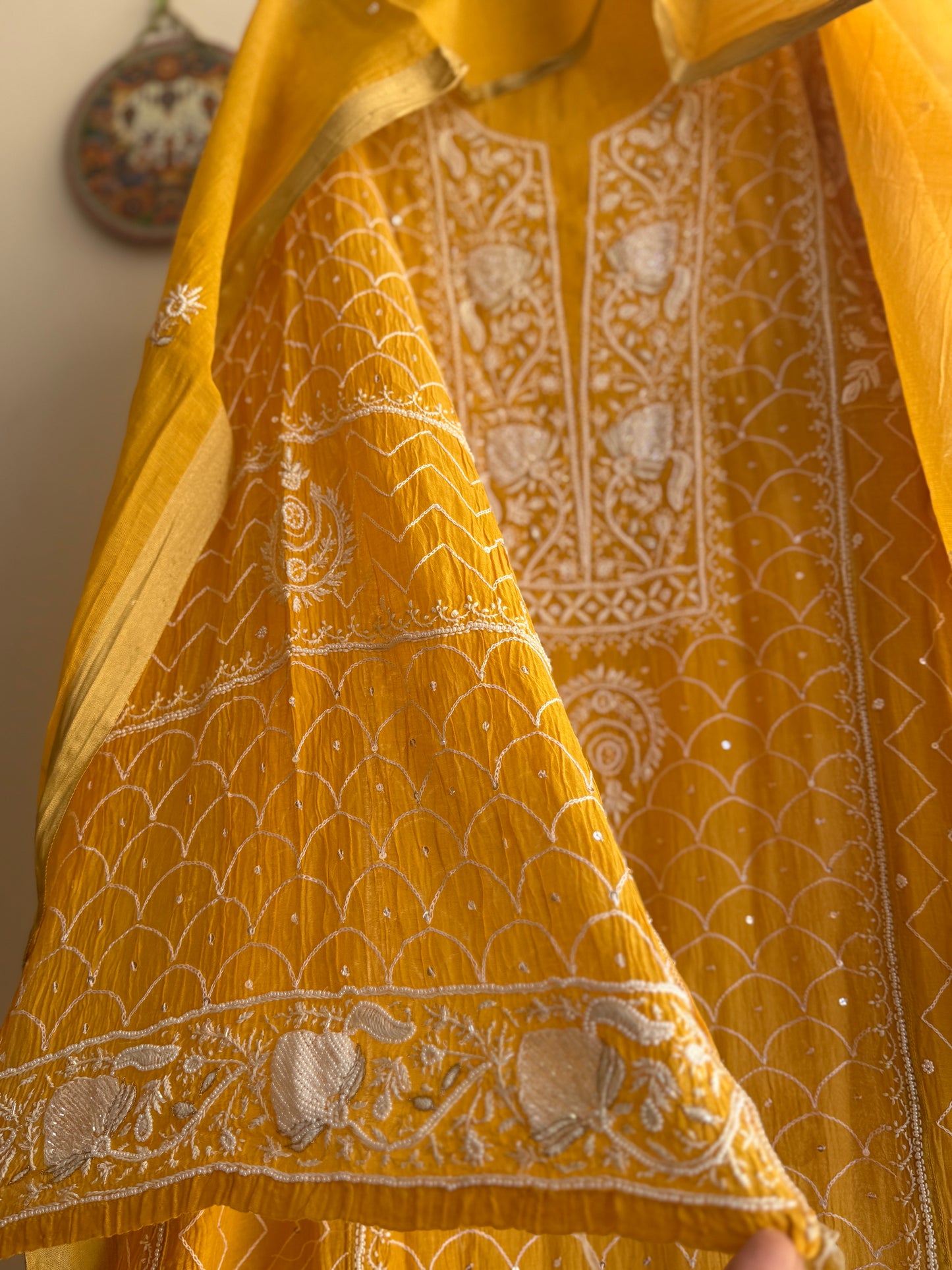 Pure Mul Chanderi Lucknowi Chikankari Anarkali Set with Dupatta | Bel & Jaal Hand Embroidery