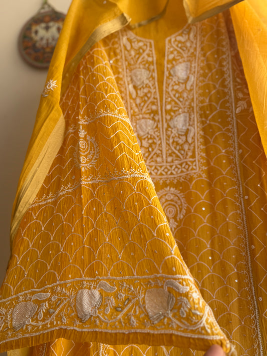 Pure Mul Chanderi Lucknowi Chikankari Anarkali Set with Dupatta | Bel & Jaal Hand Embroidery
