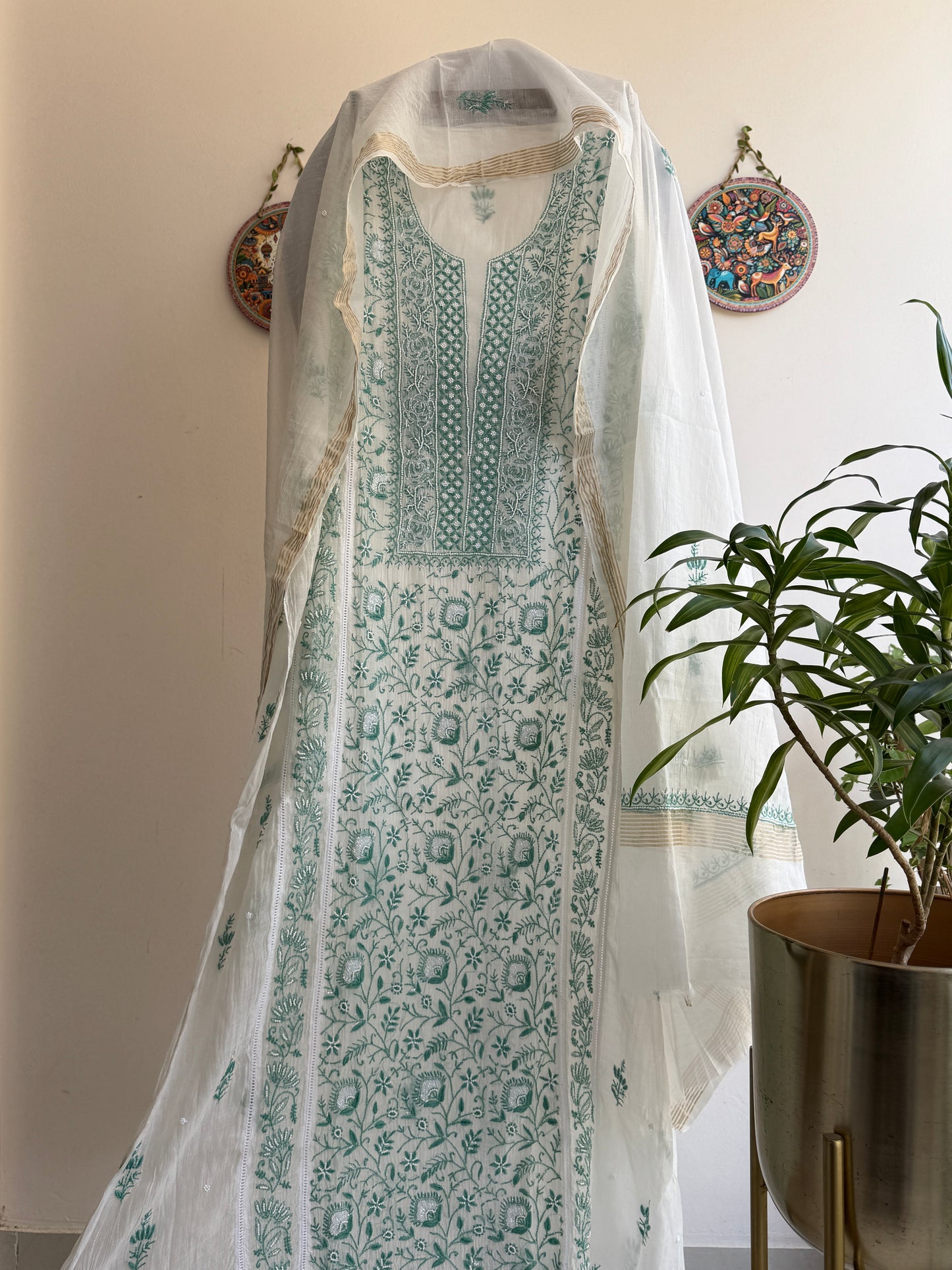 Buy Lucknowi Chikankari Suit Set with Thread Work and full panel work in Mul Chanderi add on Beads i.e. Pearl Work and Cut Dana