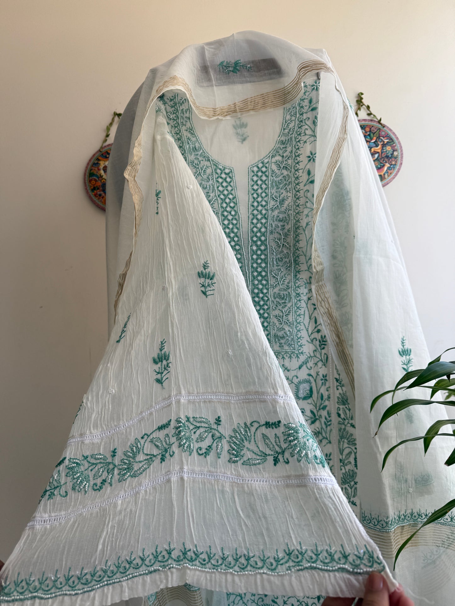 Buy Lucknowi Chikankari Suit Set with Thread Work and full panel work in Mul Chanderi add on Beads i.e. Pearl Work and Cut Dana