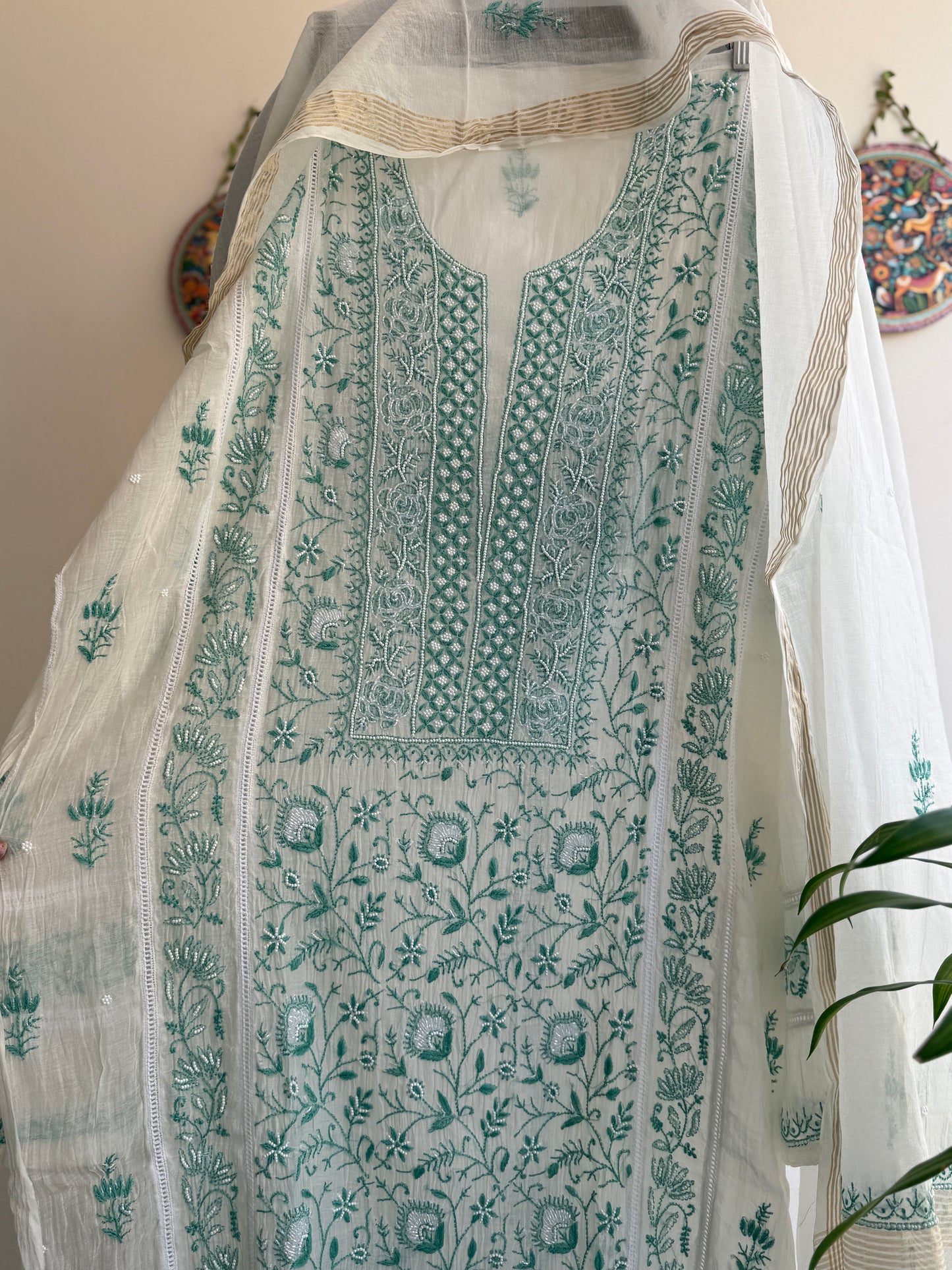 Buy Lucknowi Chikankari Suit Set with Thread Work and full panel work in Mul Chanderi add on Beads i.e. Pearl Work and Cut Dana