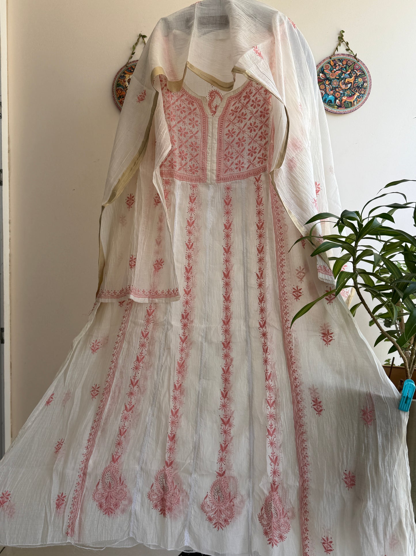 Pure Mul Chanderi Lucknowi Chikankari Anarkali Suit Set with Dupatta | Hand Embroidery with Pearl & Cutdana Work