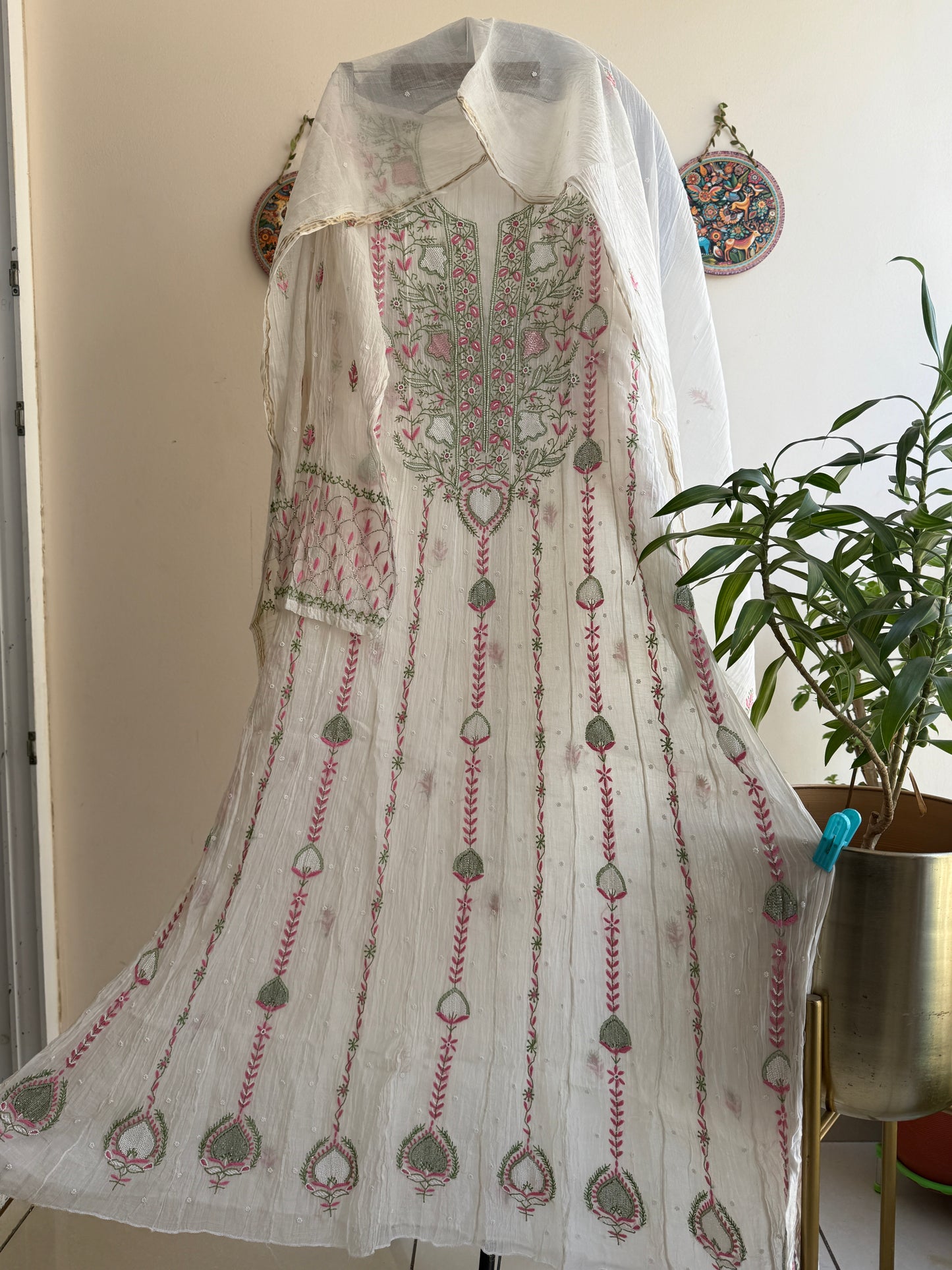 Pure Mul Chanderi Lucknowi Chikankari Anarkali Suit Set with Dupatta | Hand Embroidery with Pearl & Cutdana Work
