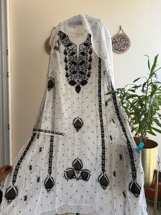 Pure Mul Chanderi Lucknowi Chikankari Anarkali Set with Dupatta | Vertical Bel Hand Embroidery