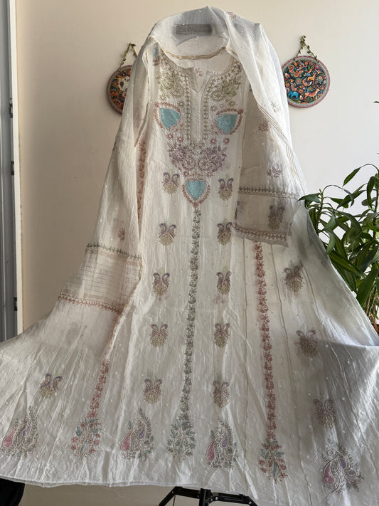 Pure Mul Chanderi Lucknowi Chikankari Anarkali Suit Set with Dupatta | Hand Embroidery with Pearl & Cutdana Work