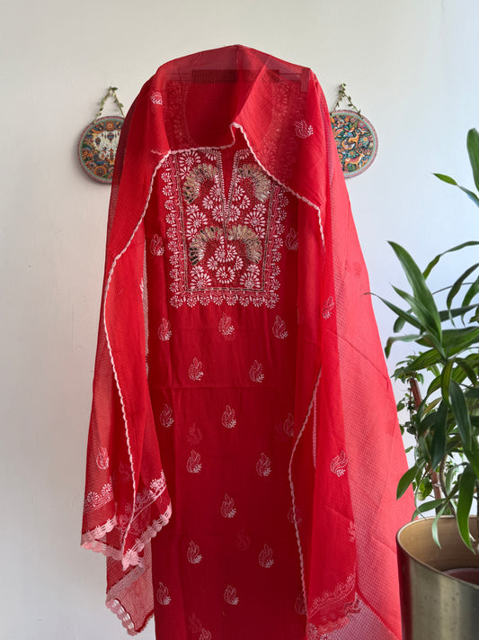 Lucknowi Chikankari Kota Doria Suit Set with Mukaish Work