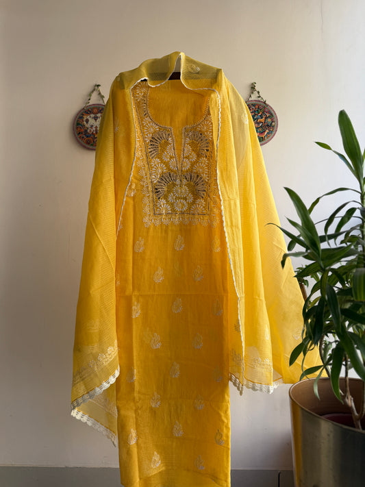 Lucknowi Chikankari Kota Doria Suit Set with Mukaish Work