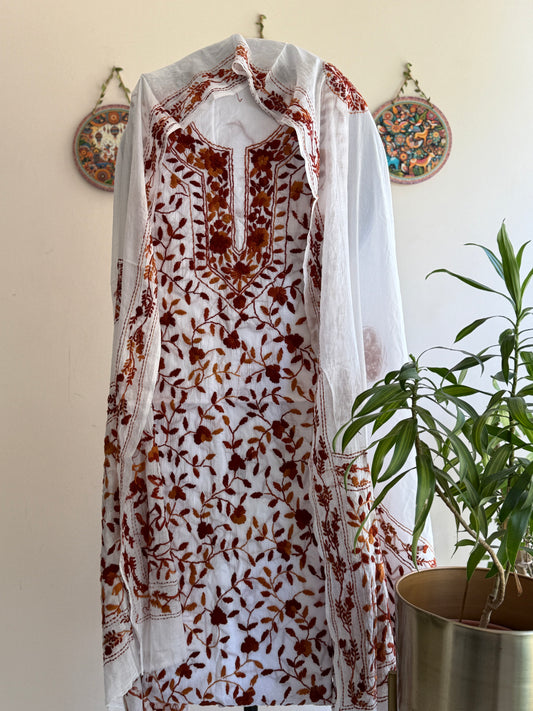 🌼 Bengal Handloom – Phulkari Pure Cotton Embroidered Suit Set-White Base