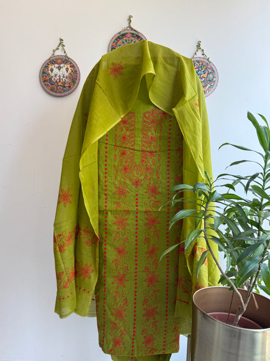 Bengal Handloom- Kantha Stiched Pure Cotton Embroidered Suit Set