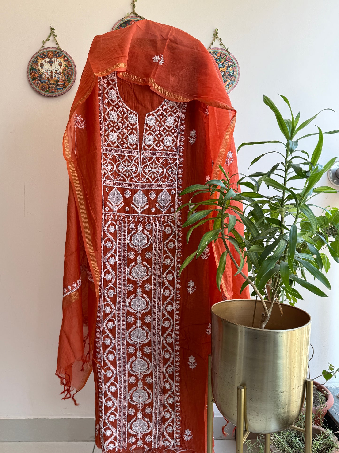 Buy Lucknowi Chikankari Suit Set with Thread Work and full panel work in Mul Chanderi add on Pearl Work and Cut Dana