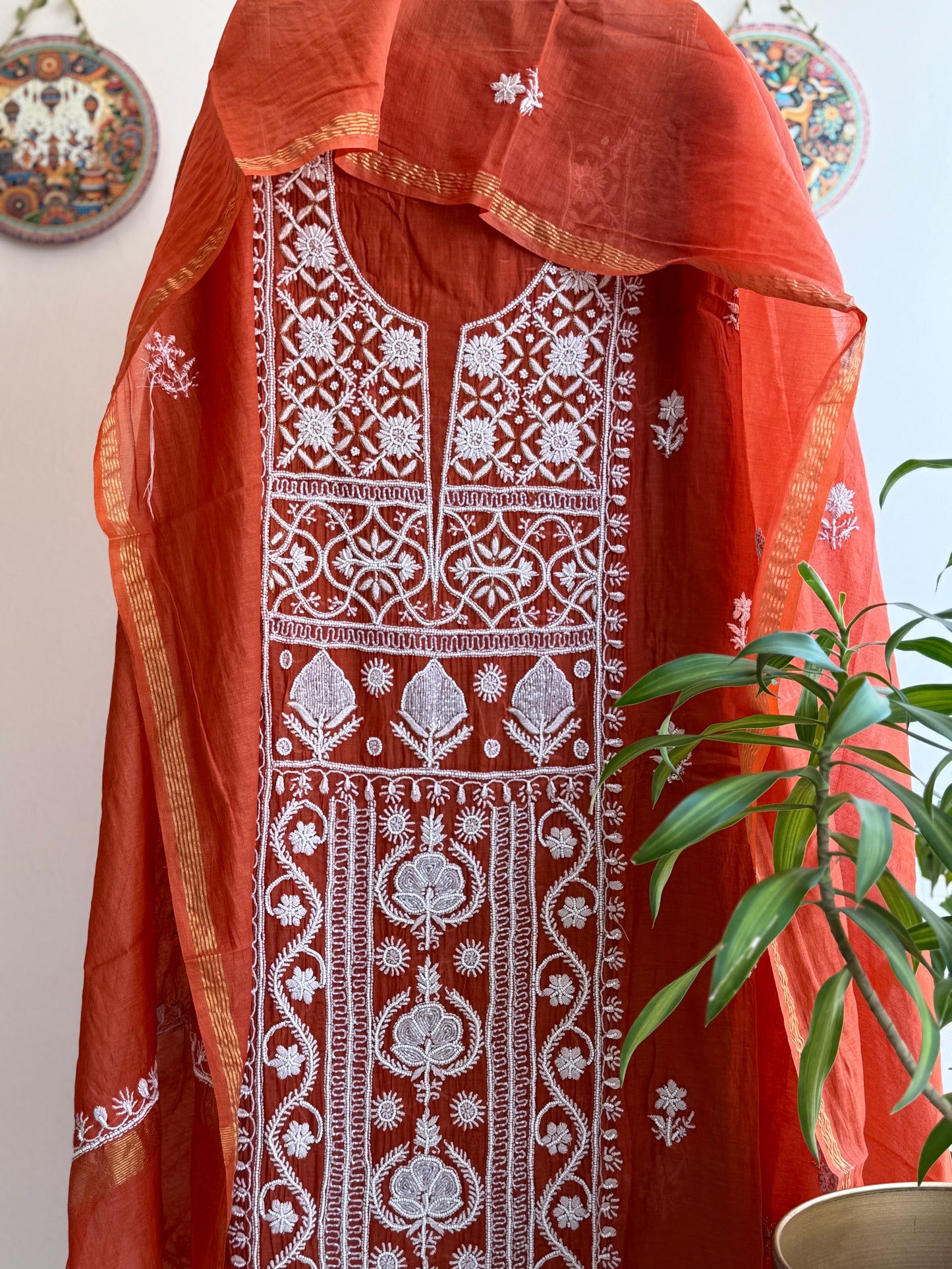 Buy Lucknowi Chikankari Suit Set with Thread Work and full panel work in Mul Chanderi add on Pearl Work and Cut Dana