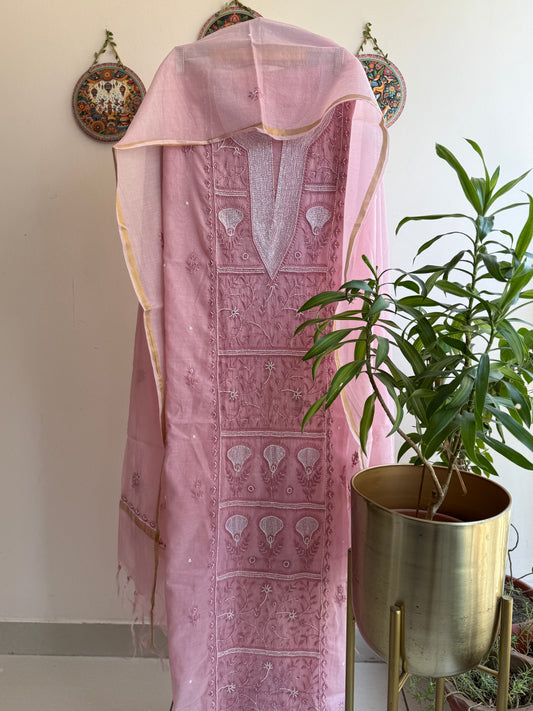 Buy Lucknowi Chikankari Suit Set with Thread Work and full panel work in Mul Chanderi add on Pearl Work and Cut Dana