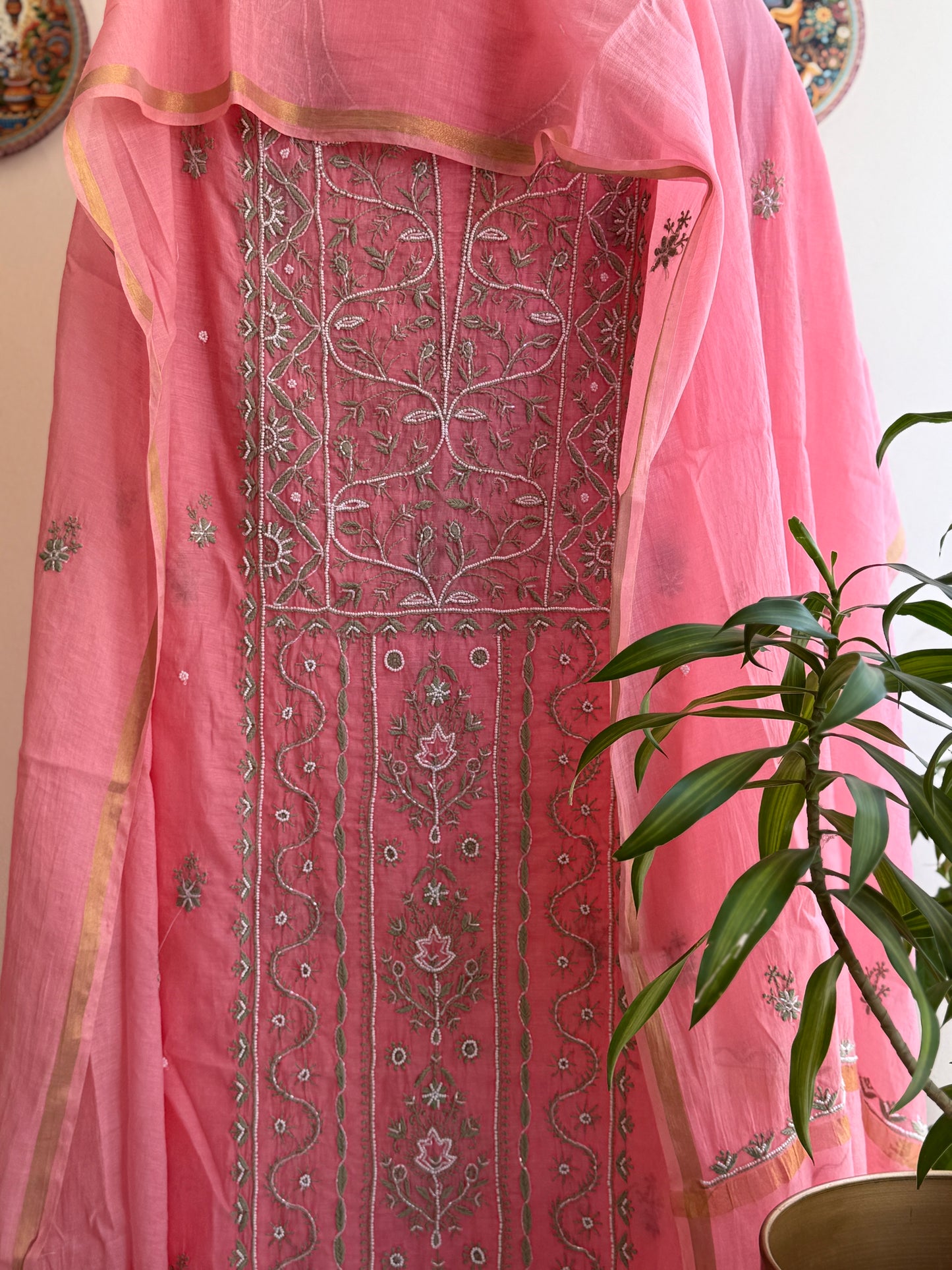 Lucknowi Chikankari Thread Work and full panel work in Mul Chanderi add on Pearl Work and Cut Dana (Colorfull Embroidery)