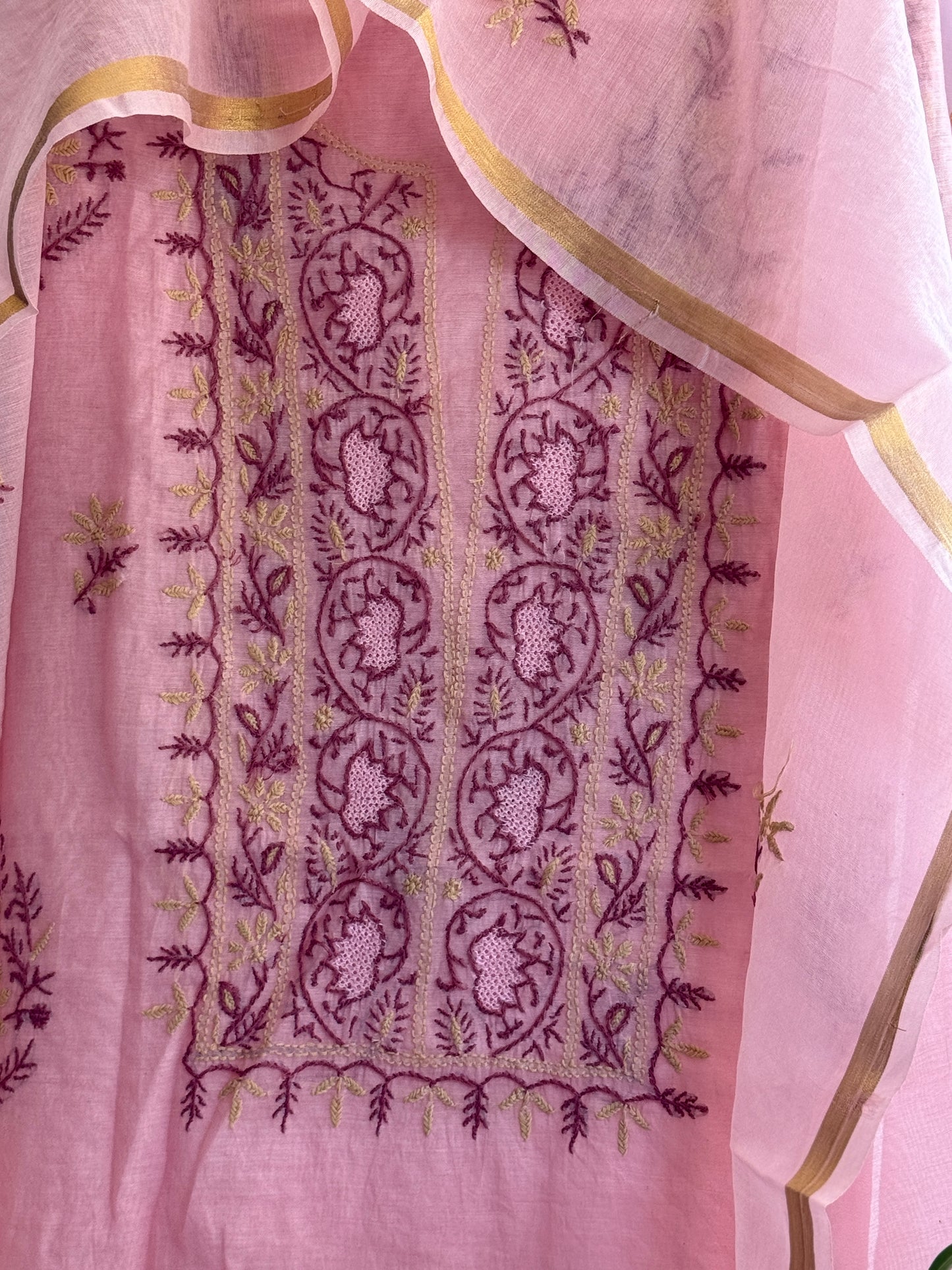 Lucknowi Chikankari Thread Work in Mul Chanderi with Highlight of Jaali Ka Kaam