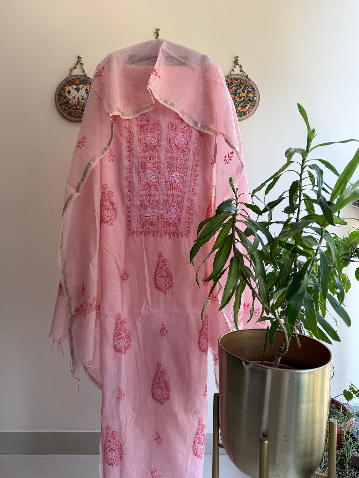 Lucknowi Chikankari Thread Work in Mul Chanderi with Highlight of Jaali Ka Kaam
