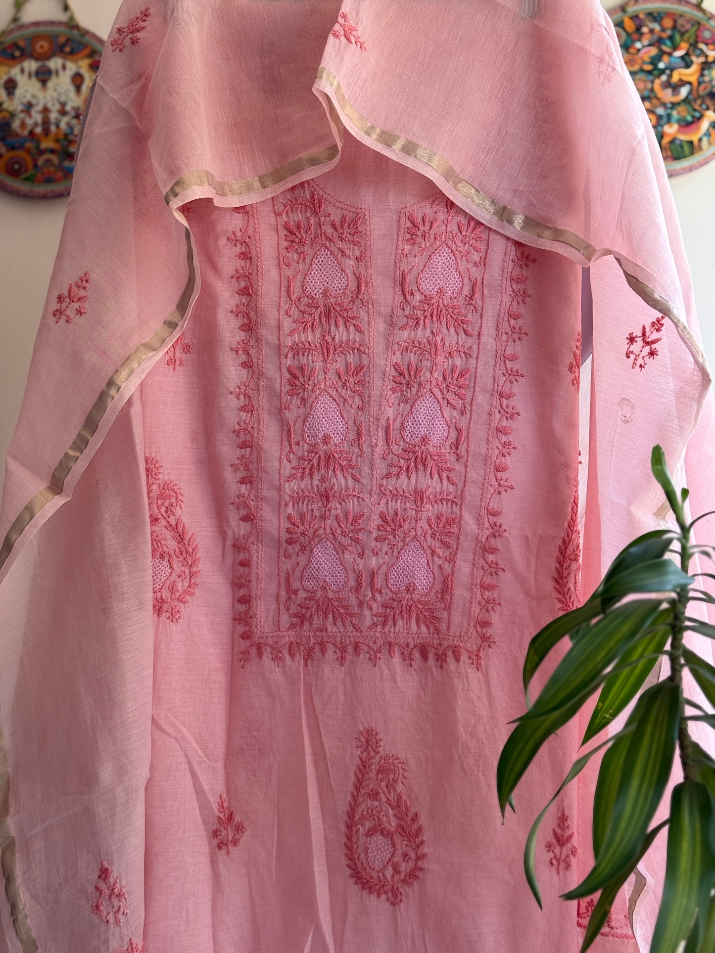 Lucknowi Chikankari Thread Work in Mul Chanderi with Highlight of Jaali Ka Kaam