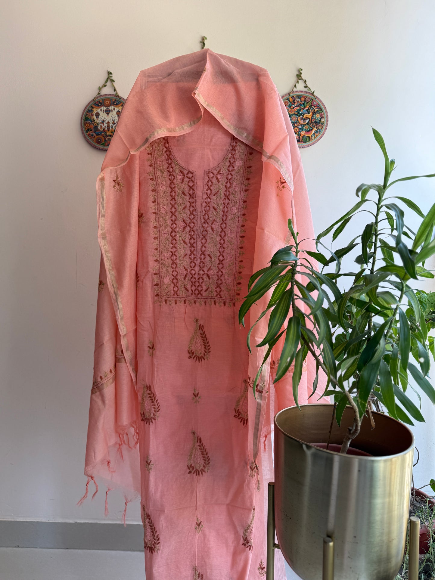 Lucknowi Chikankari Thread Work in Mul Chanderi with Highlight of Jaali Ka Kaam