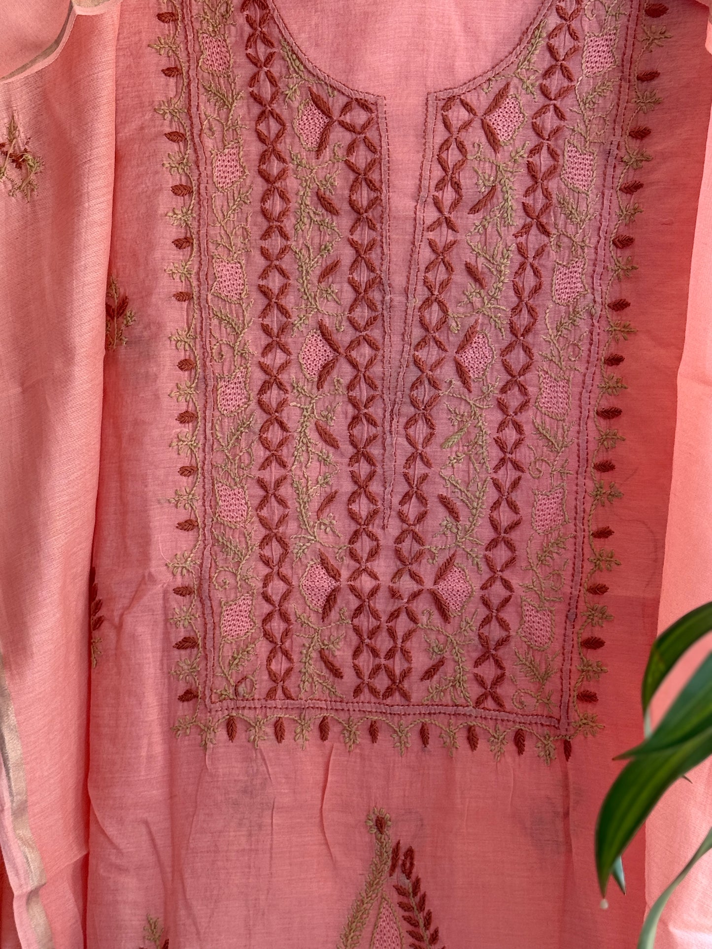Lucknowi Chikankari Thread Work in Mul Chanderi with Highlight of Jaali Ka Kaam