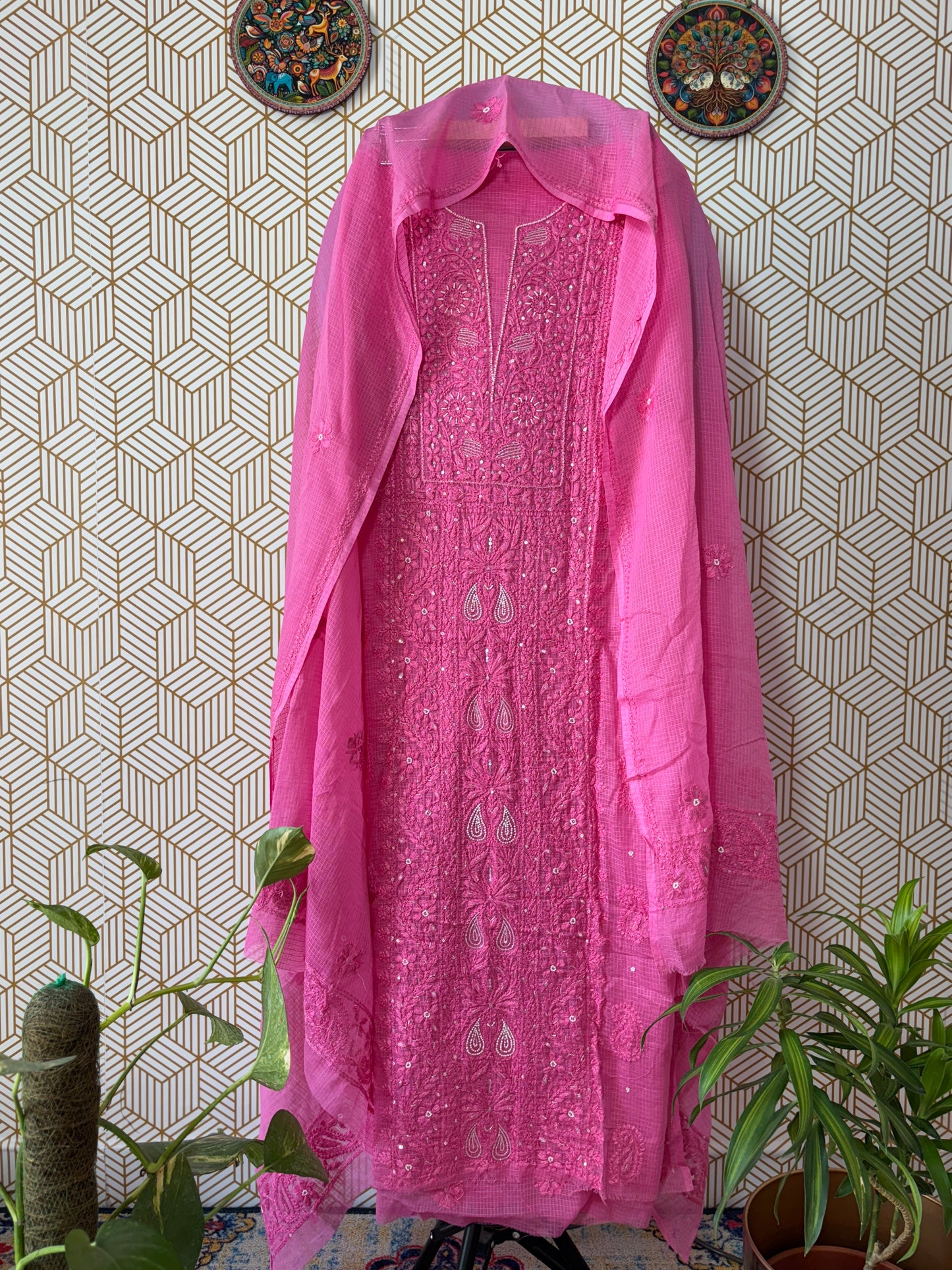 Lucknowi Chikankari thread work in Kota Doria add on Cut Dana, Sequin and Pearl Work