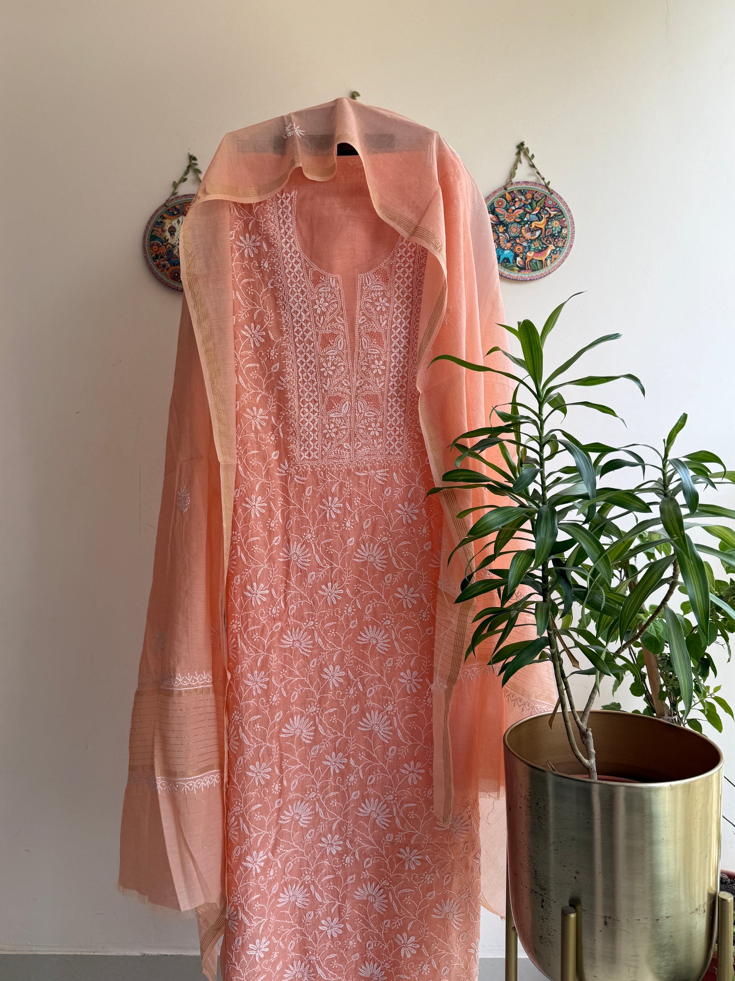 Lucknowi Chikankari Thread Work in Mul Chanderi with Highlight of Jaali Ka Kaam