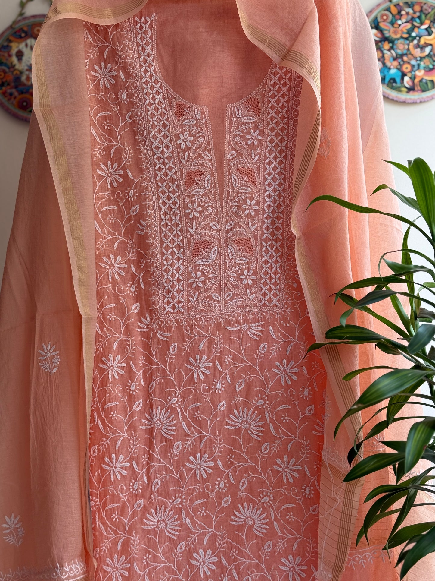 Lucknowi Chikankari Thread Work in Mul Chanderi with Highlight of Jaali Ka Kaam