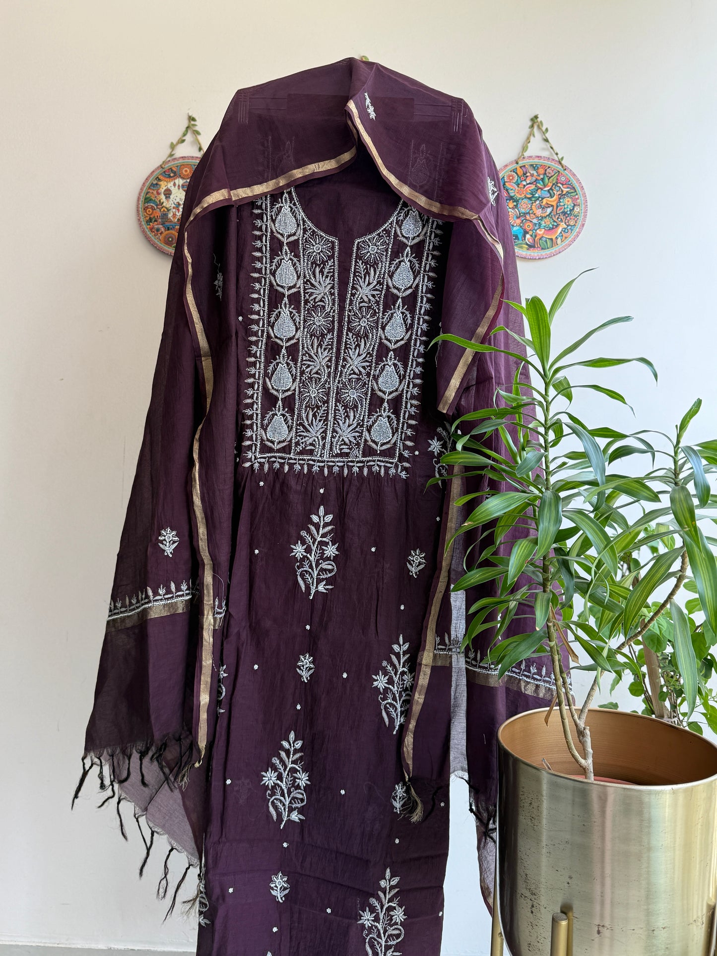 Lucknowi Chikankari Thread Work and Boota work in Mul Chanderi add on Pearl Work, Sequin and Cut Dana