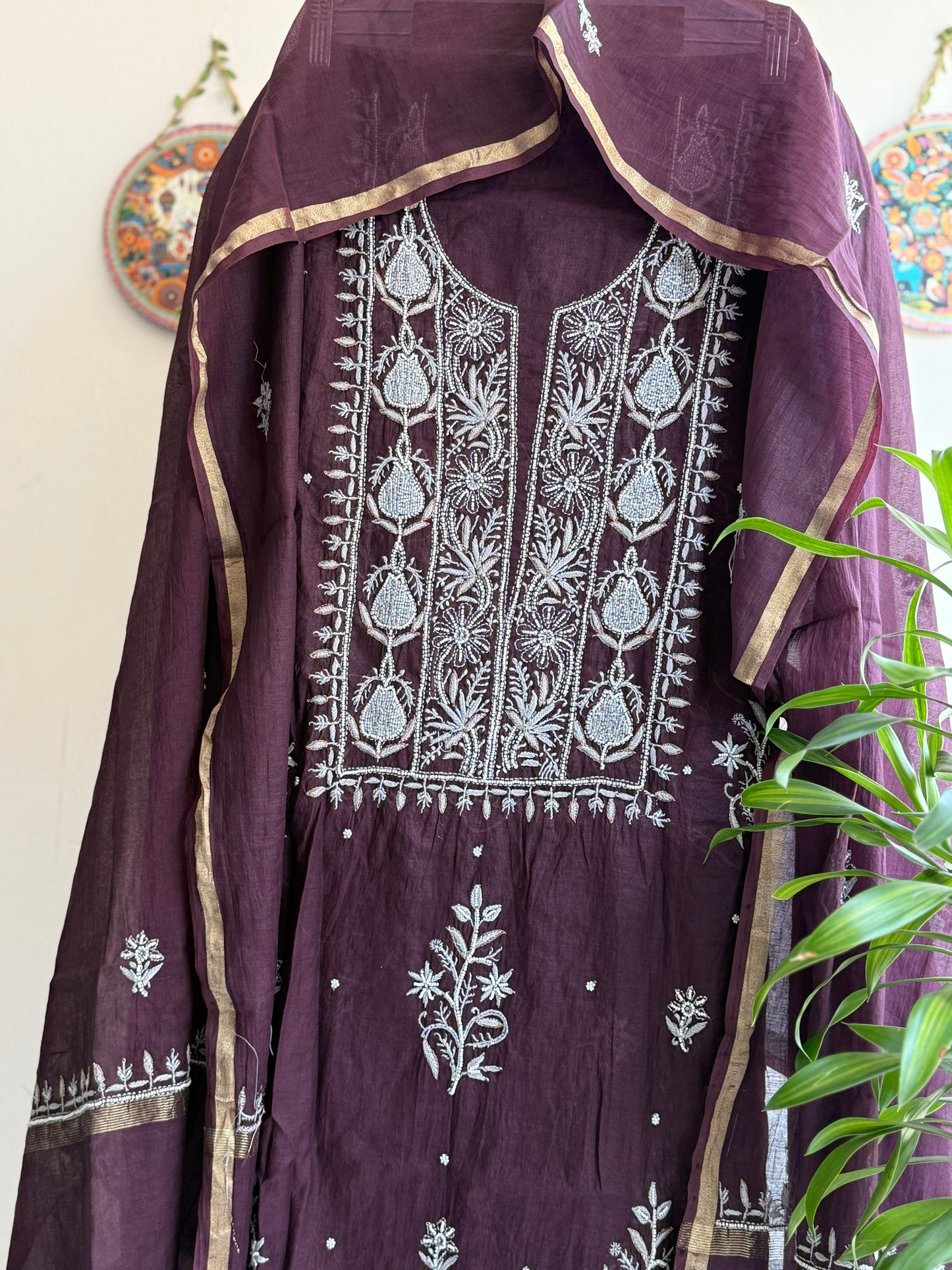 Lucknowi Chikankari Thread Work and Boota work in Mul Chanderi add on Pearl Work, Sequin and Cut Dana