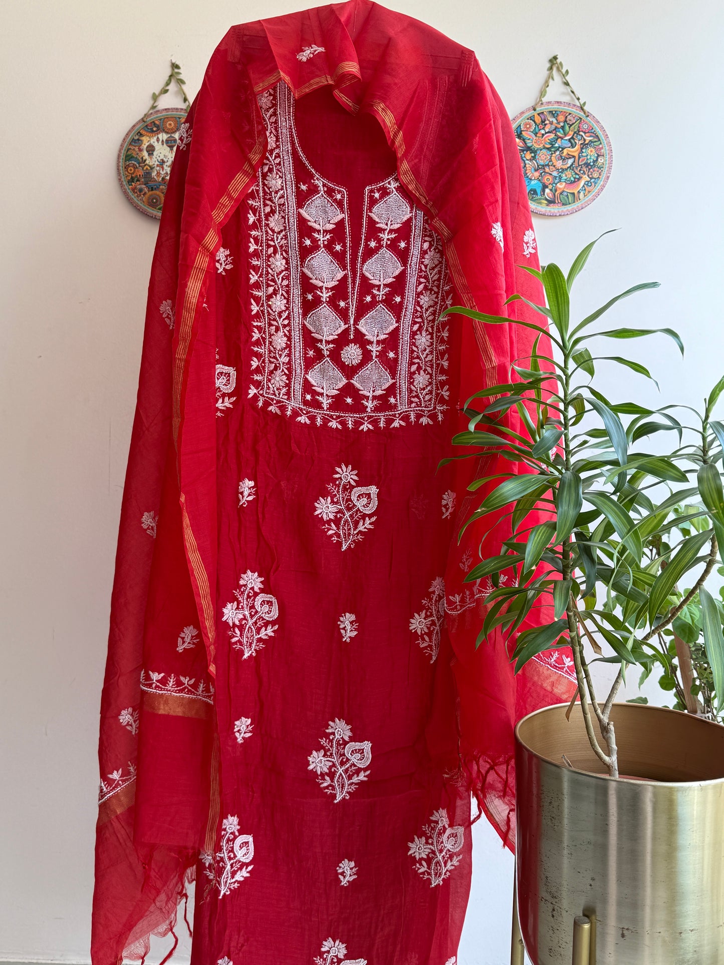 Lucknowi Chikankari Thread Work and Boota work in Mul Chanderi add on Pearl Work, Sequin and Cut Dana