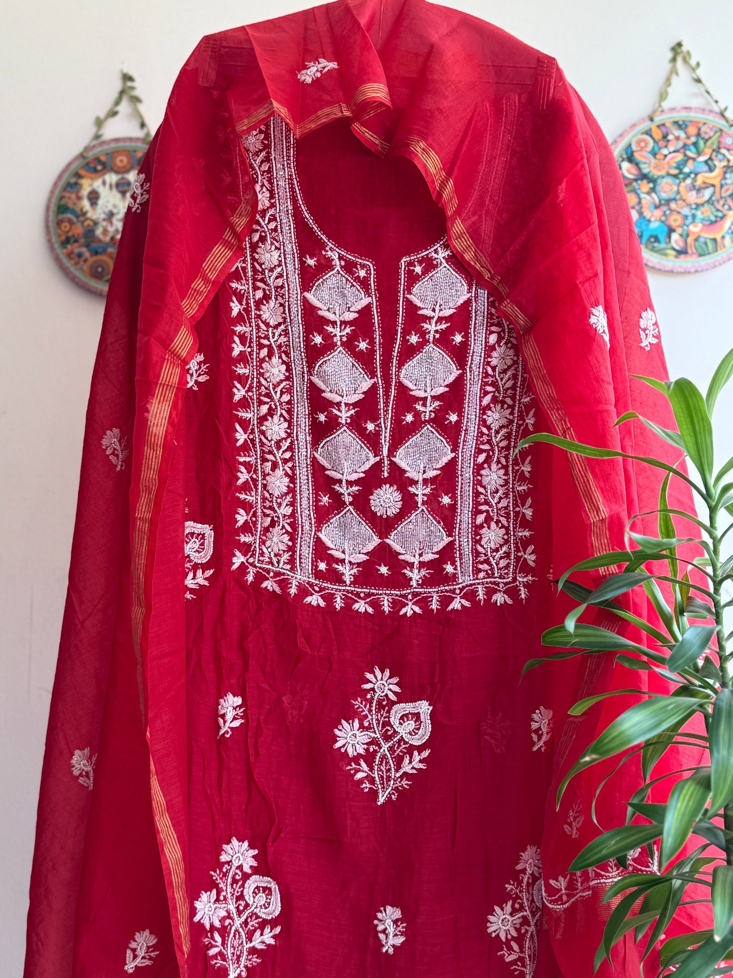 Lucknowi Chikankari Thread Work and Boota work in Mul Chanderi add on Pearl Work, Sequin and Cut Dana