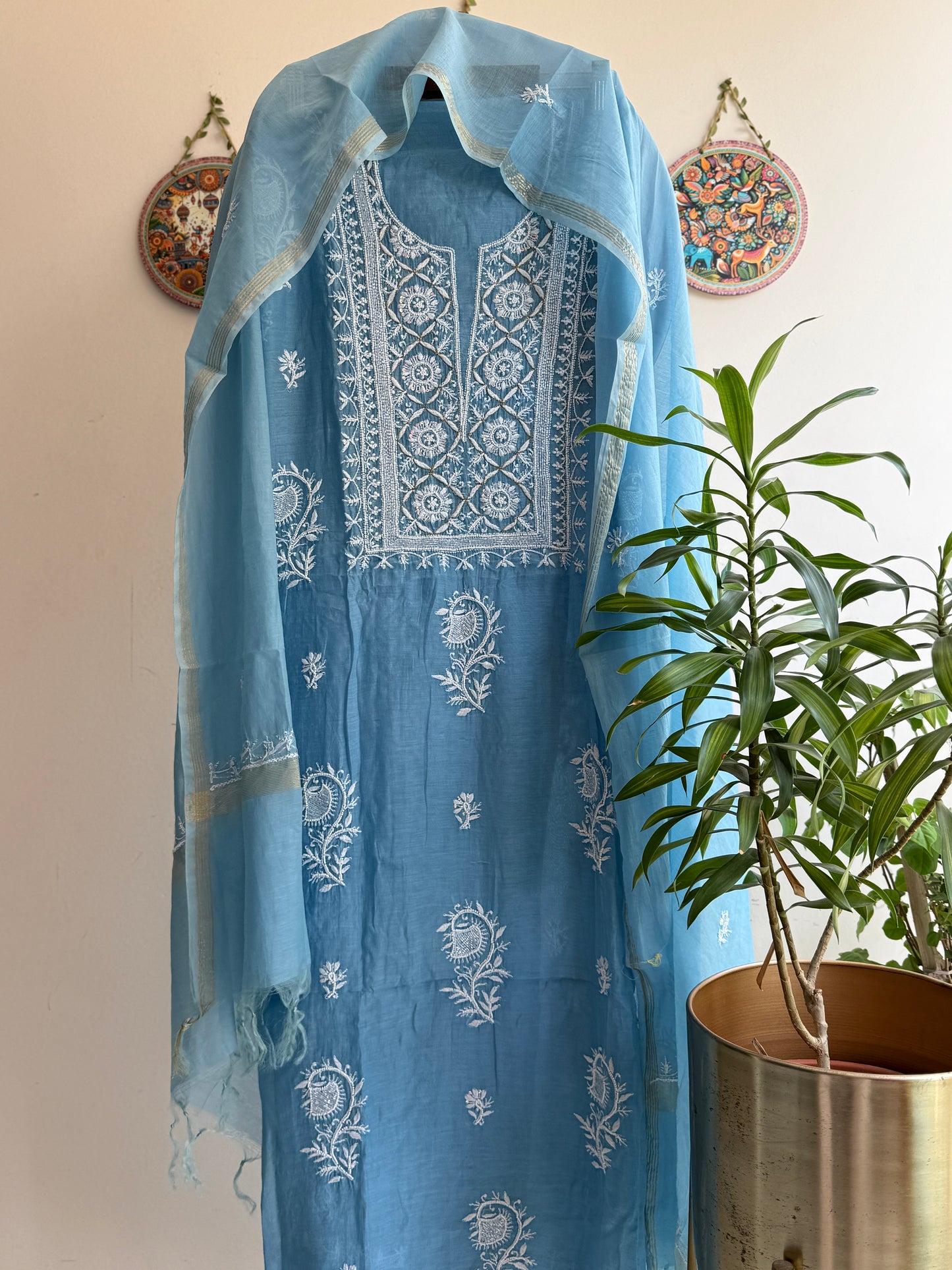 Lucknowi Chikankari Thread Work and Boota work in Mul Chanderi add on Pearl Work, Sequin and Cut Dana