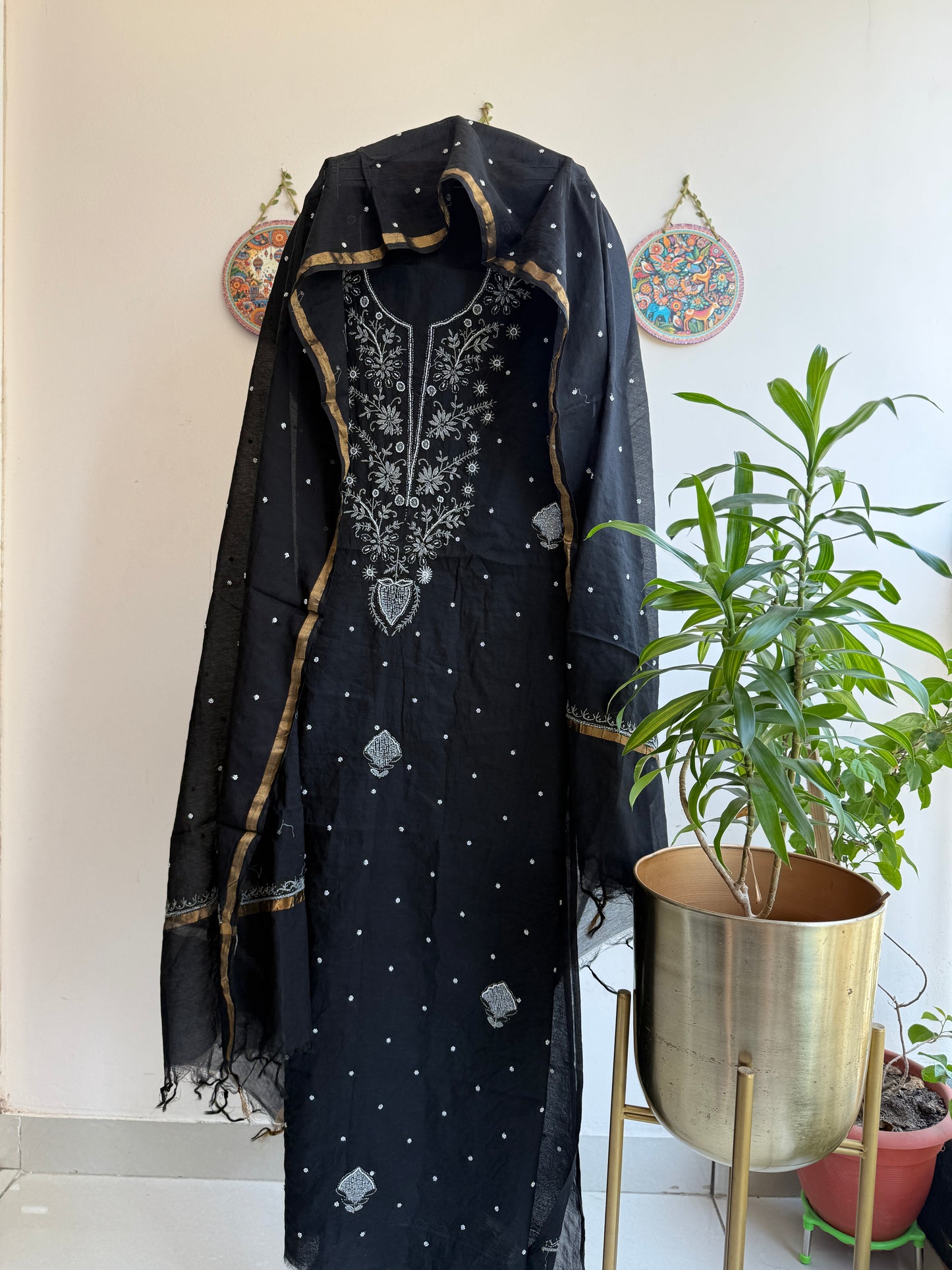Lucknowi Chikankari Thread Work in Mul Chanderi add on Pearl Work and Cut Dana