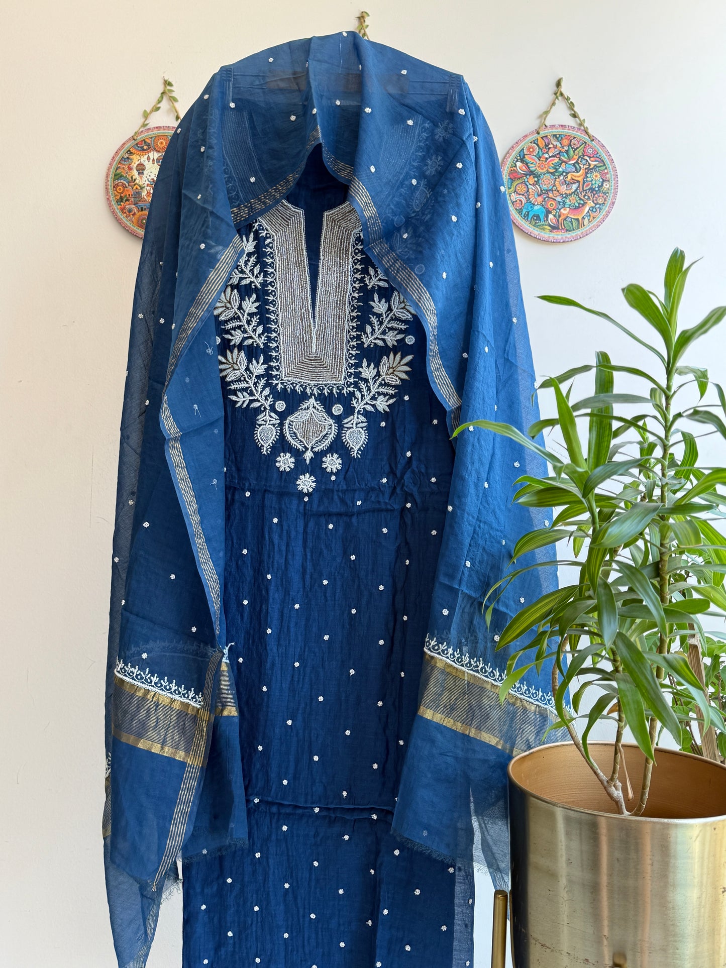 Lucknowi Chikankari Thread Work in Mul Chanderi add on Pearl Work and Cut Dana