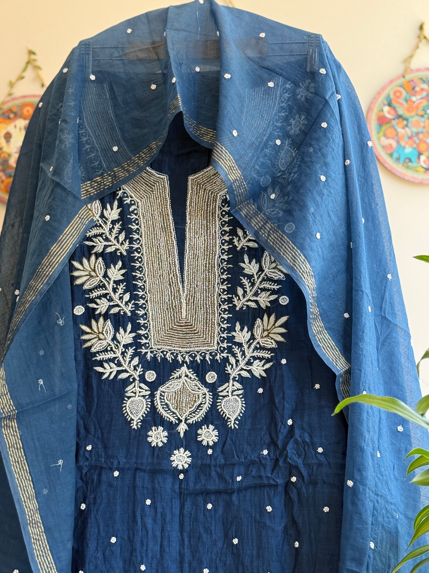 Lucknowi Chikankari Thread Work in Mul Chanderi add on Pearl Work and Cut Dana