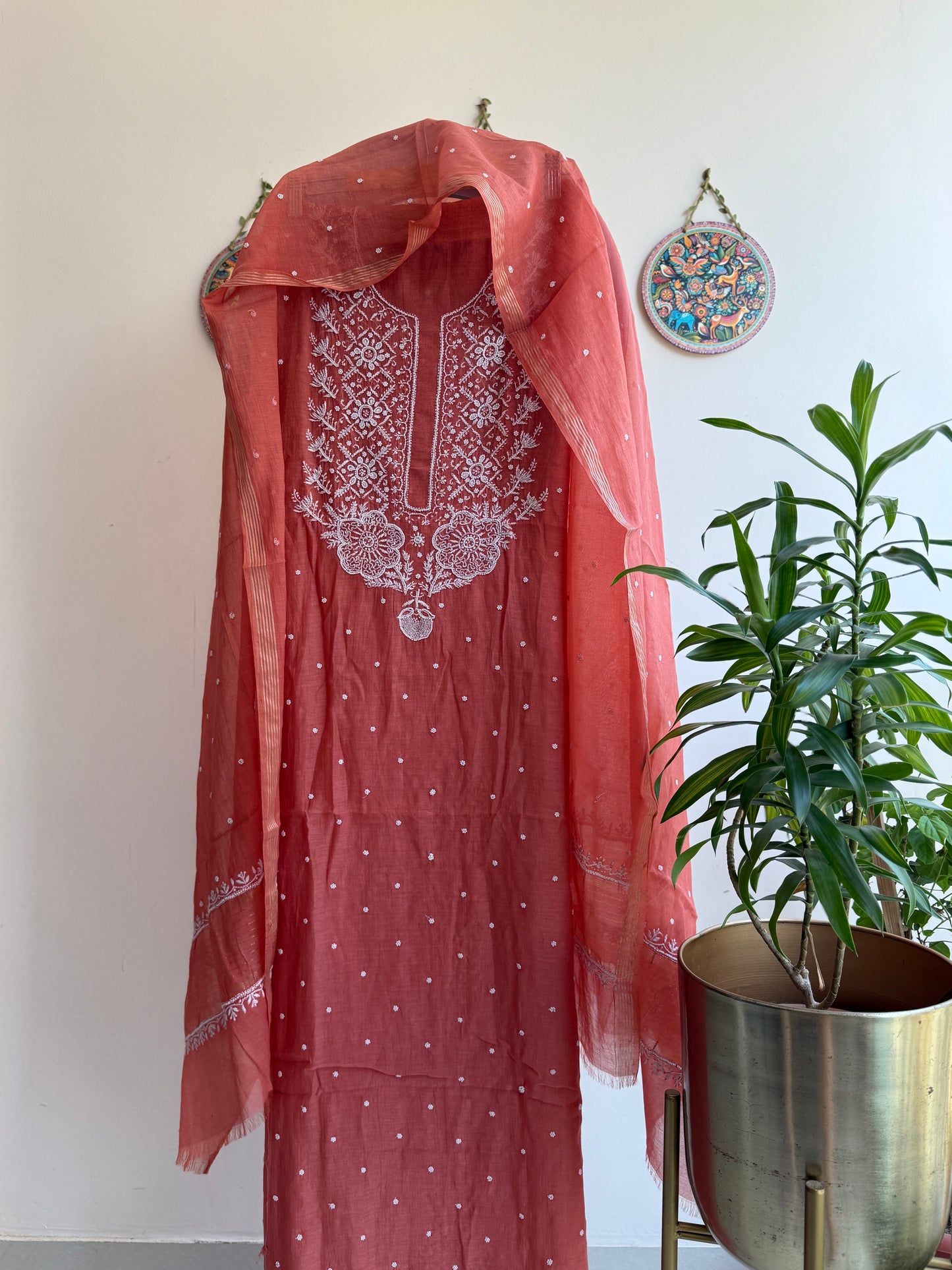 Lucknowi Chikankari Thread Work in Mul Chanderi add on Pearl Work and Cut Dana