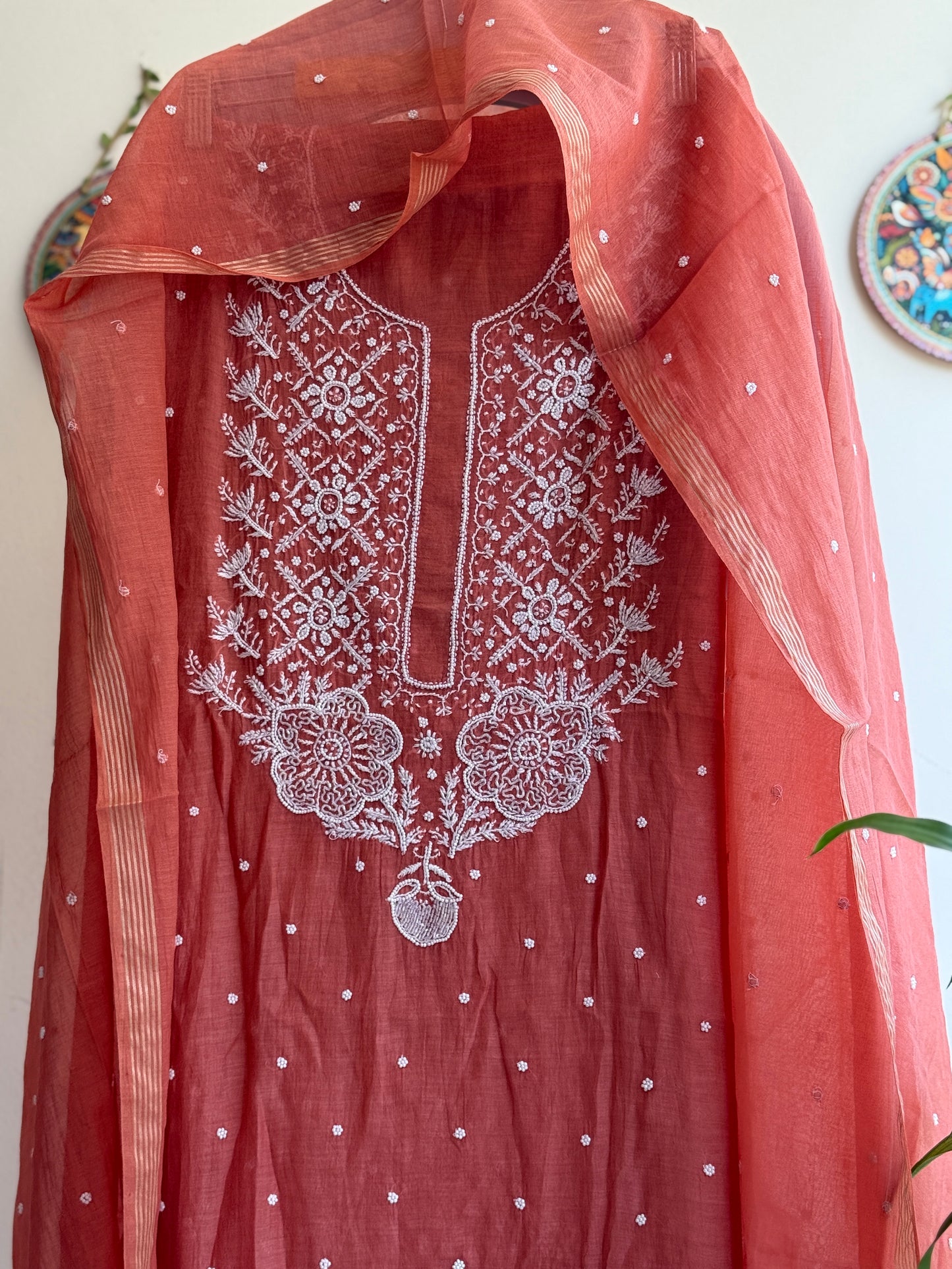 Lucknowi Chikankari Thread Work in Mul Chanderi add on Pearl Work and Cut Dana