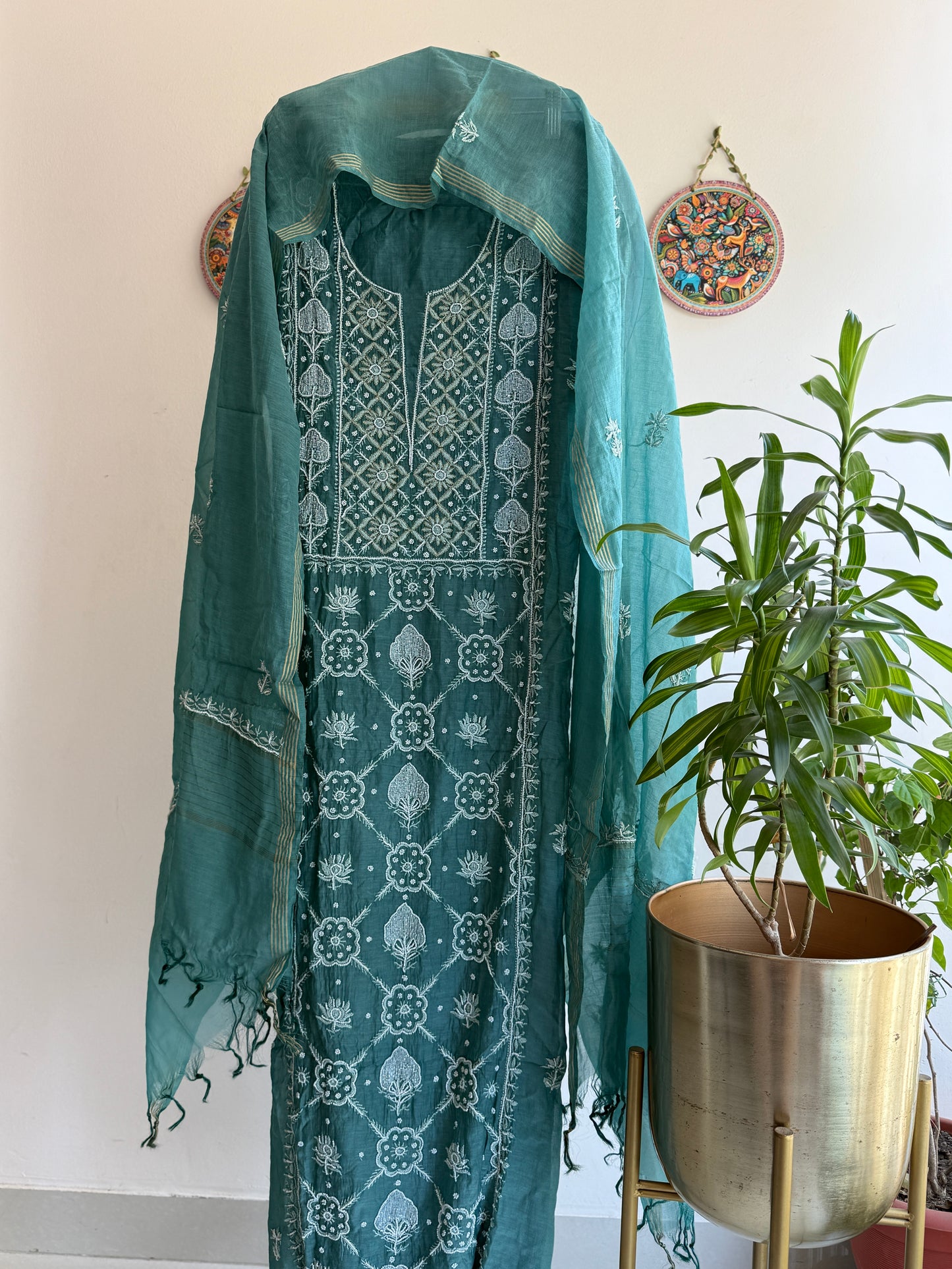 Buy Lucknowi Chikankari Suit Set with Thread Work and full panel work in Mul Chanderi add on Pearl Work and Cut Dana