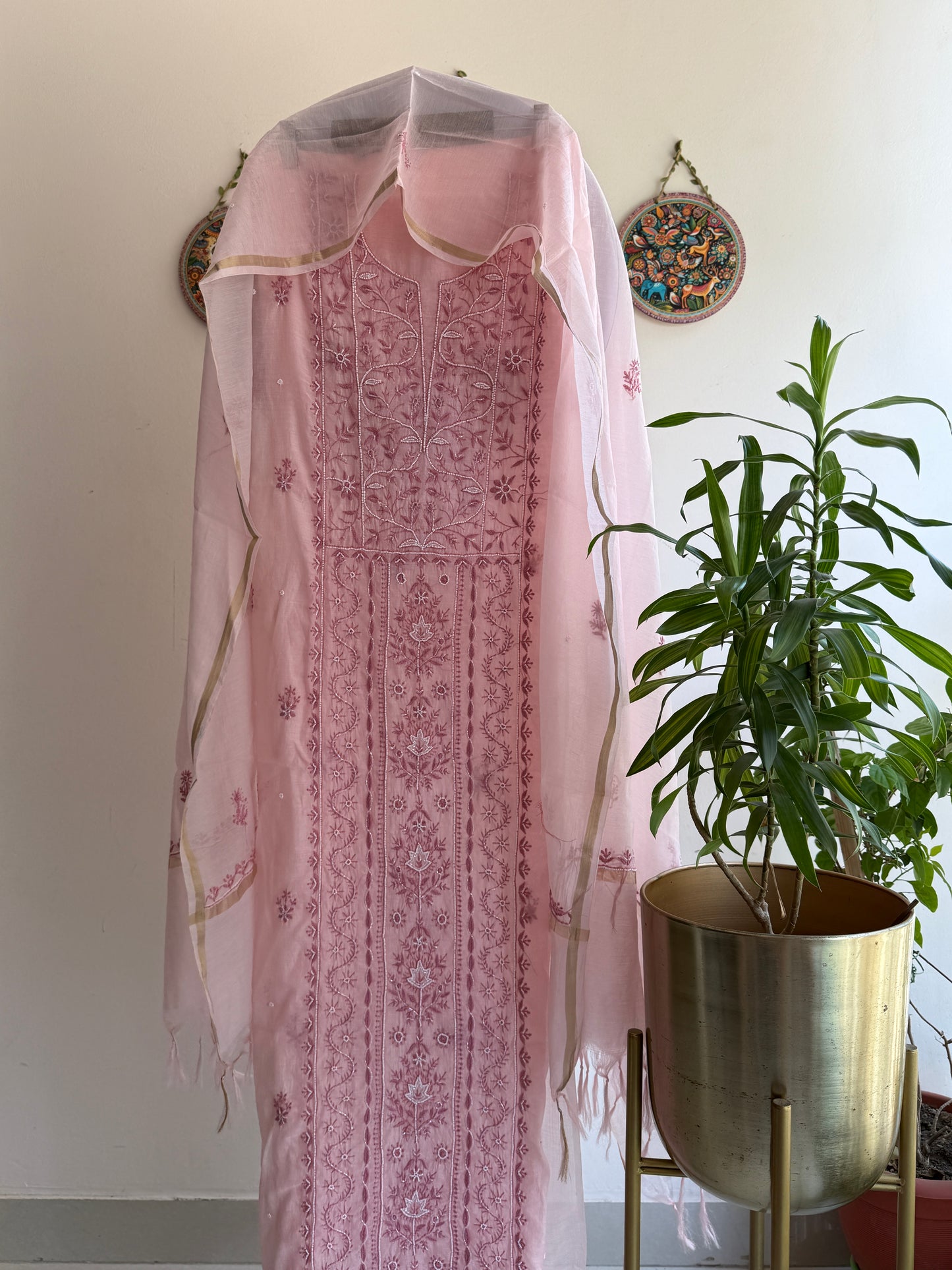 Buy Lucknowi Chikankari Suit Set with Thread Work and full panel work in Mul Chanderi add on Pearl Work and Cut Dana