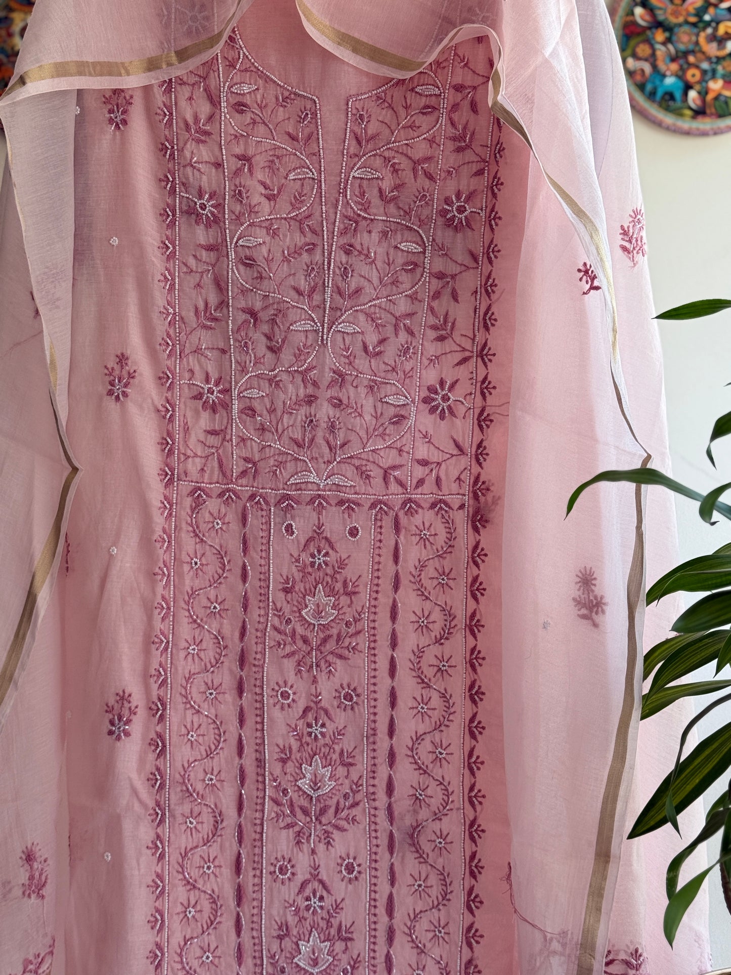 Buy Lucknowi Chikankari Suit Set with Thread Work and full panel work in Mul Chanderi add on Pearl Work and Cut Dana